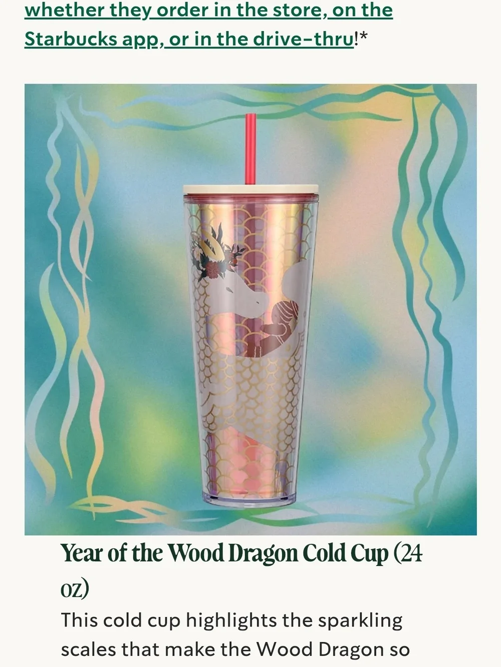 Starbucks 2024 Year of the Wood Dragon Iridescent Cup - Pink Gold Art New Year